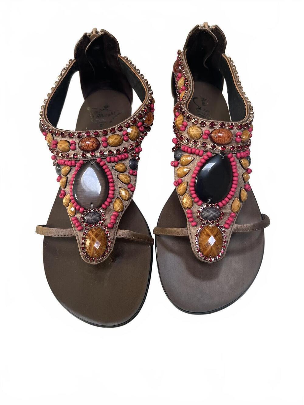 Anthropologie Miss Albright Beaded Embellished Brown Thong Flat Sandal Size 37.5